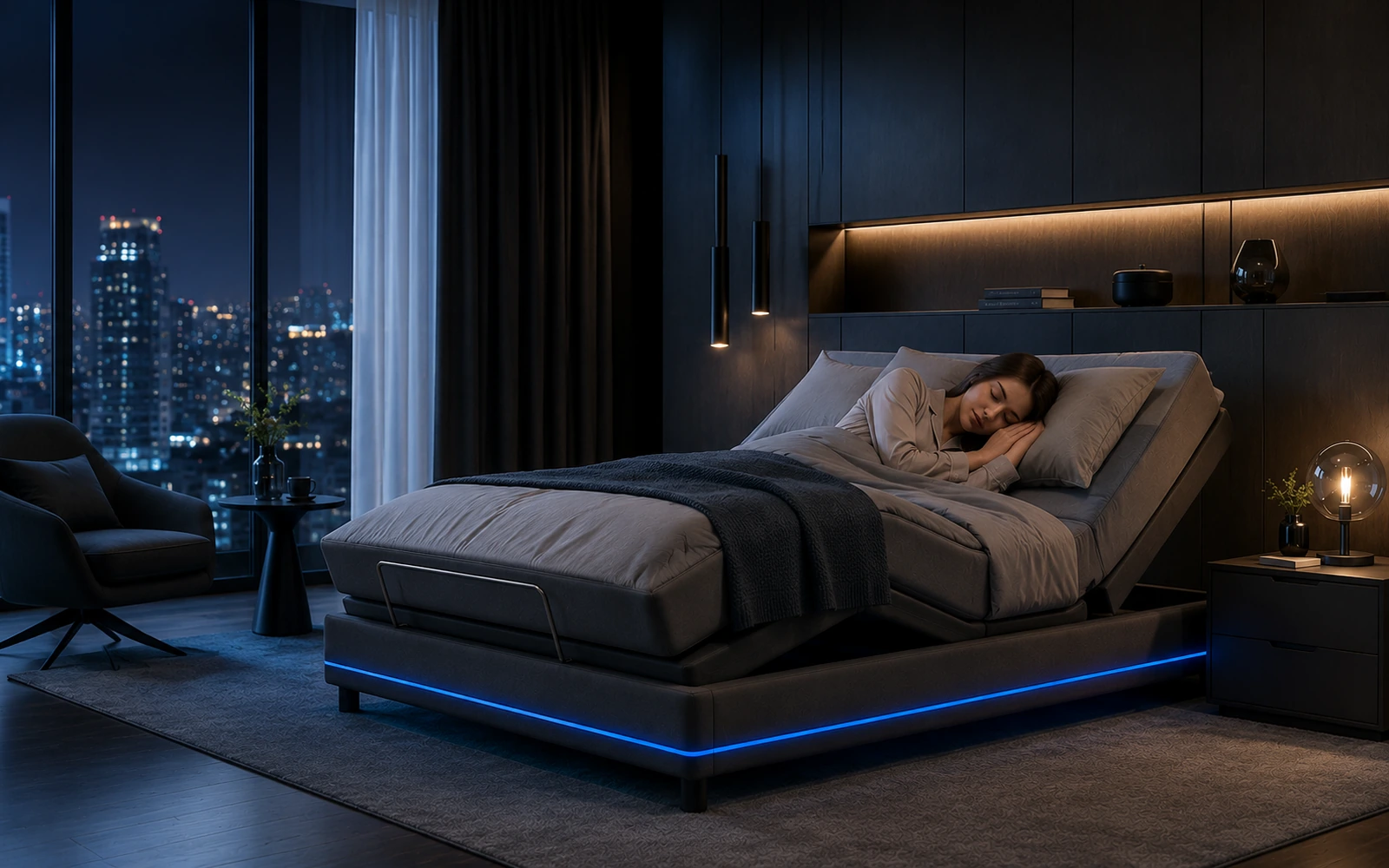 Woman sleeping on an adjustable smart bed in a modern bedroom
