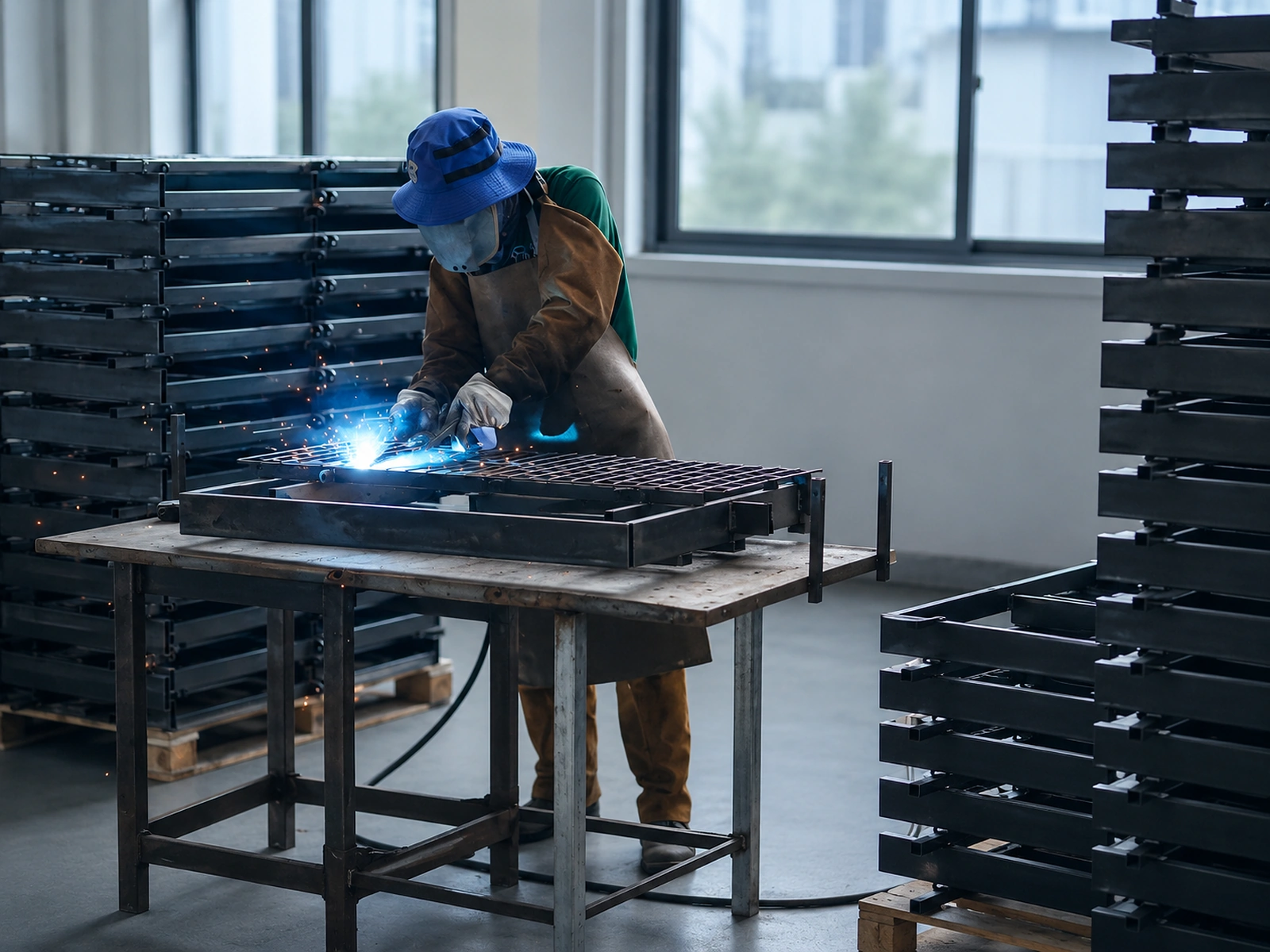 Factory welding and fabrication of bed frame components