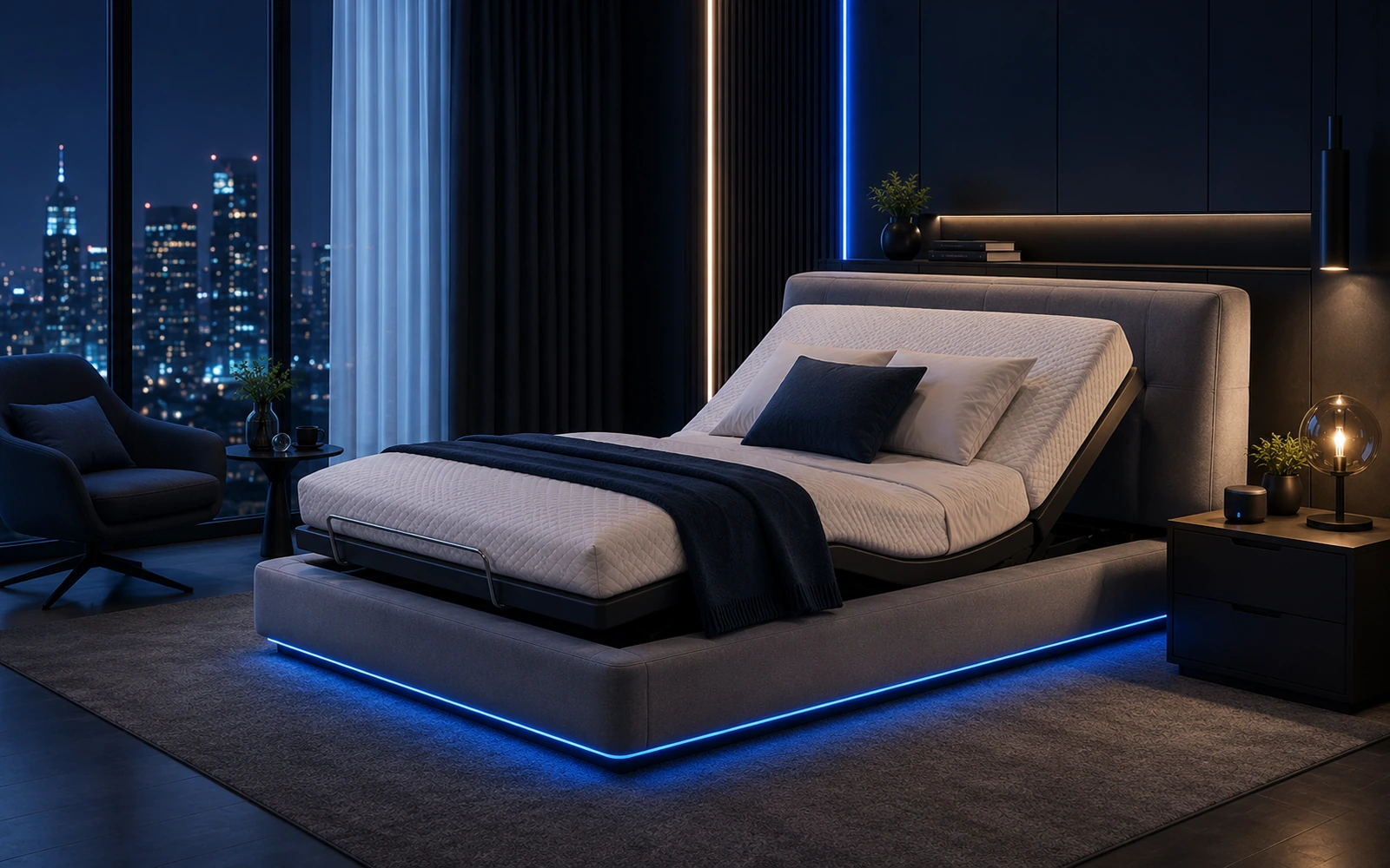 Upholstered smart bed solution in a modern bedroom