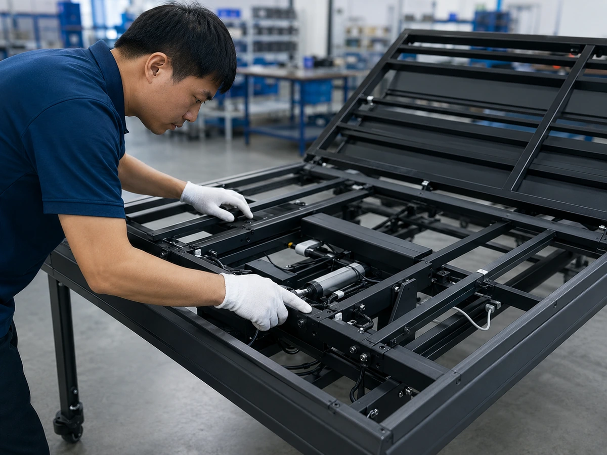 Technician inspecting the frame of an adjustable bed base