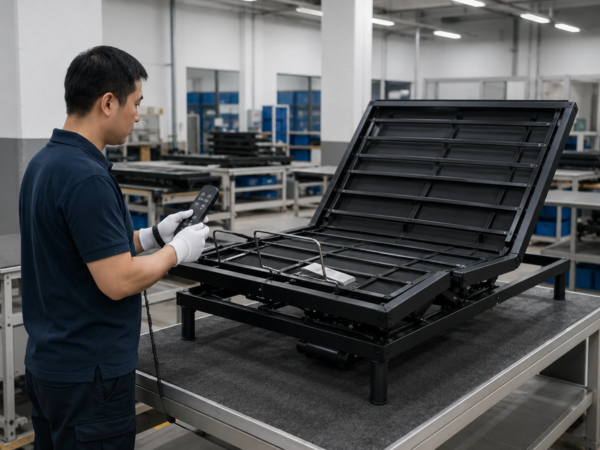 Technician carrying out functional testing on an adjustable bed