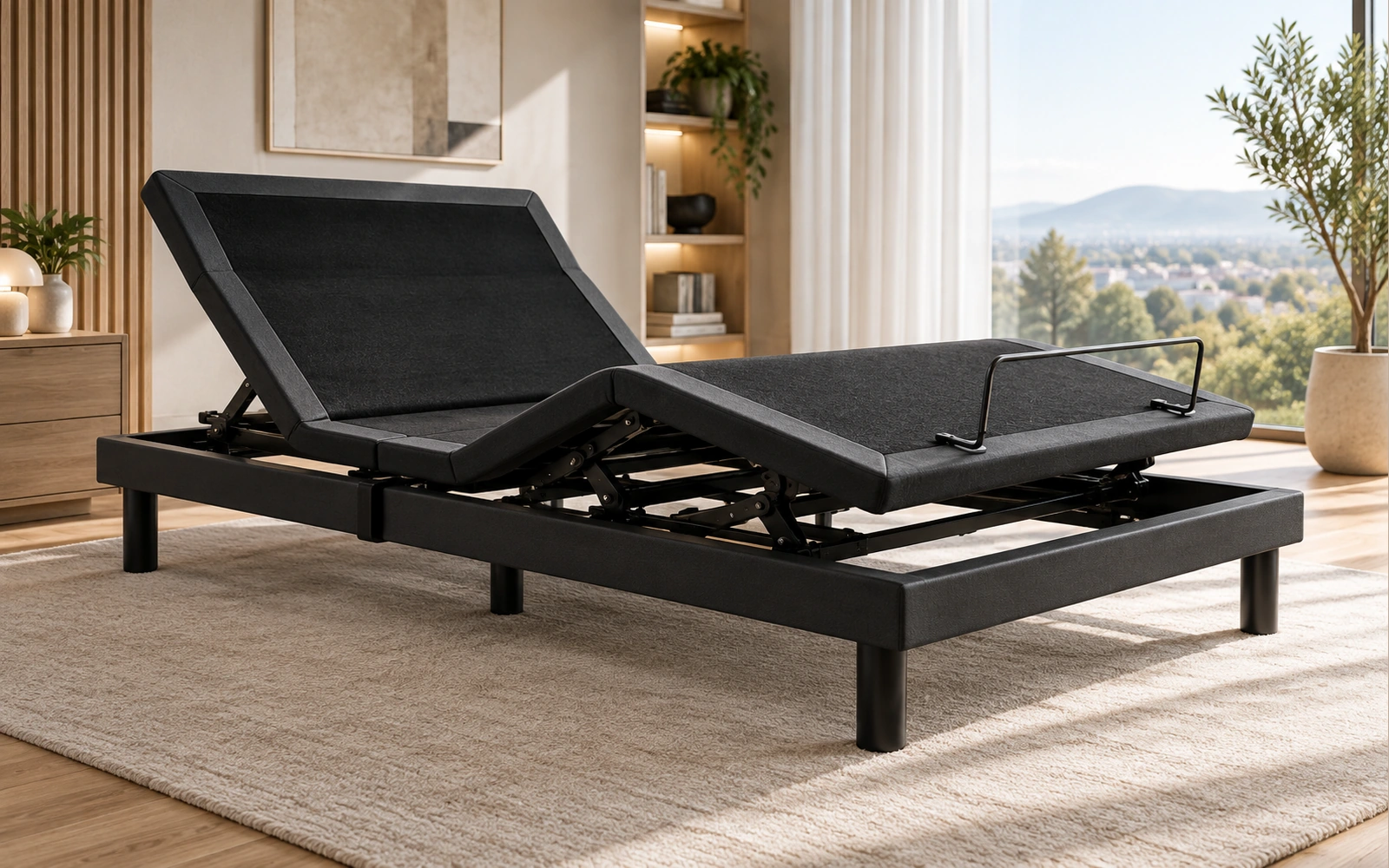 KFY SMART adjustable bed base with visible articulated frame in a modern residential setting