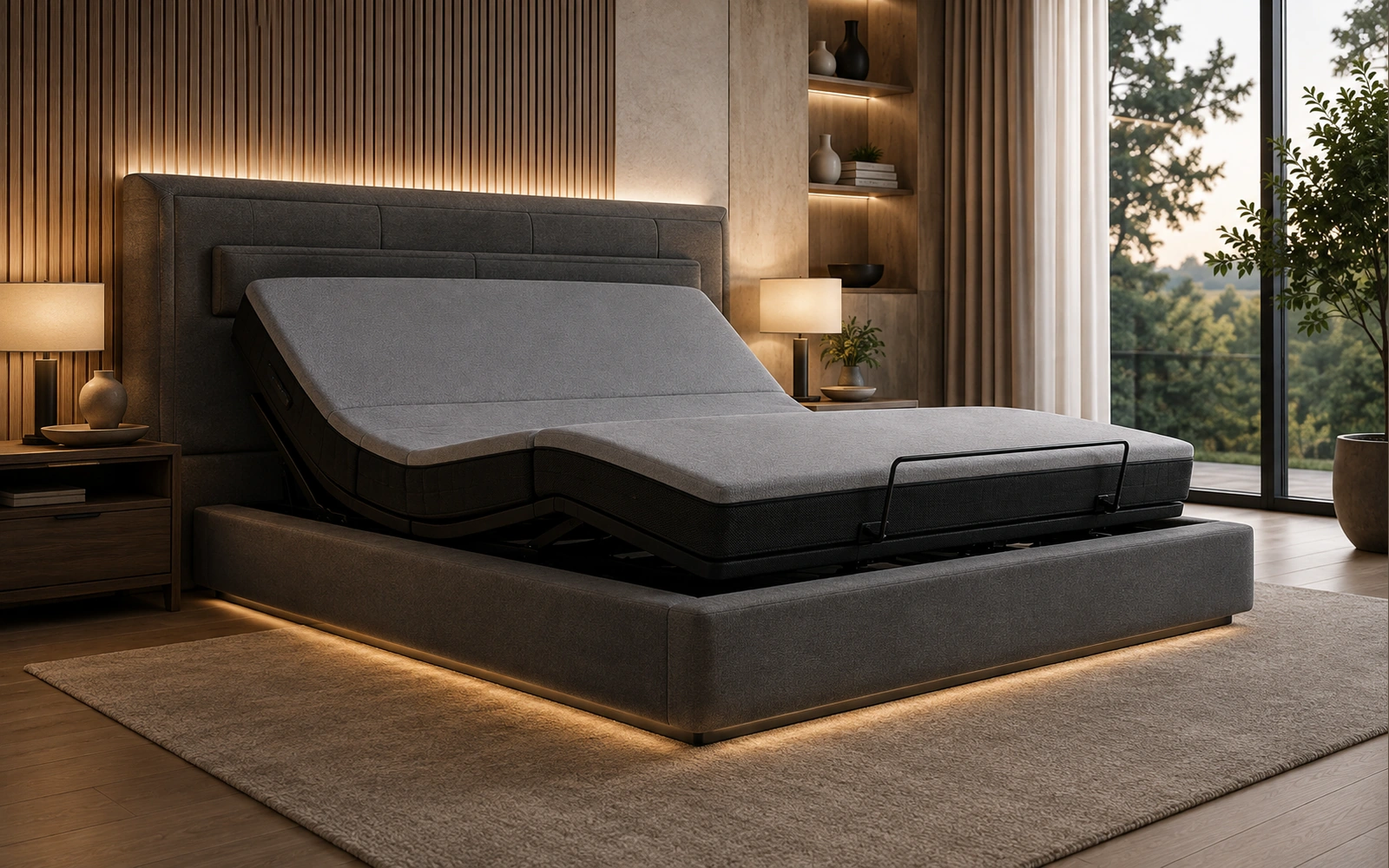KFY SMART upholstered smart bed in an adjustable residential configuration