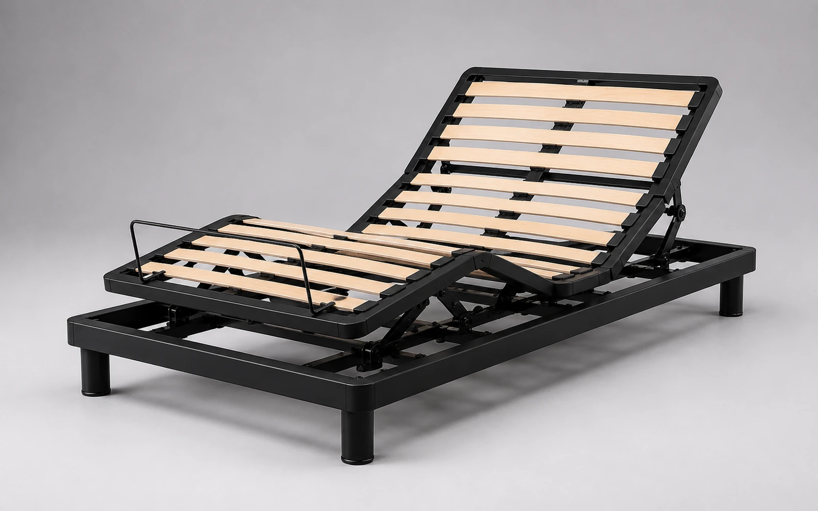 E1 British-style slatted adjustable bed base in a clean technical studio view