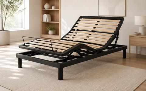 E1 British-style slatted adjustable bed base in a bright contemporary bedroom