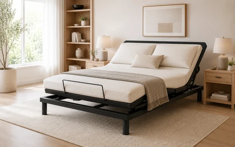 E1 British-style slatted adjustable bed base integrated into a modern bedroom