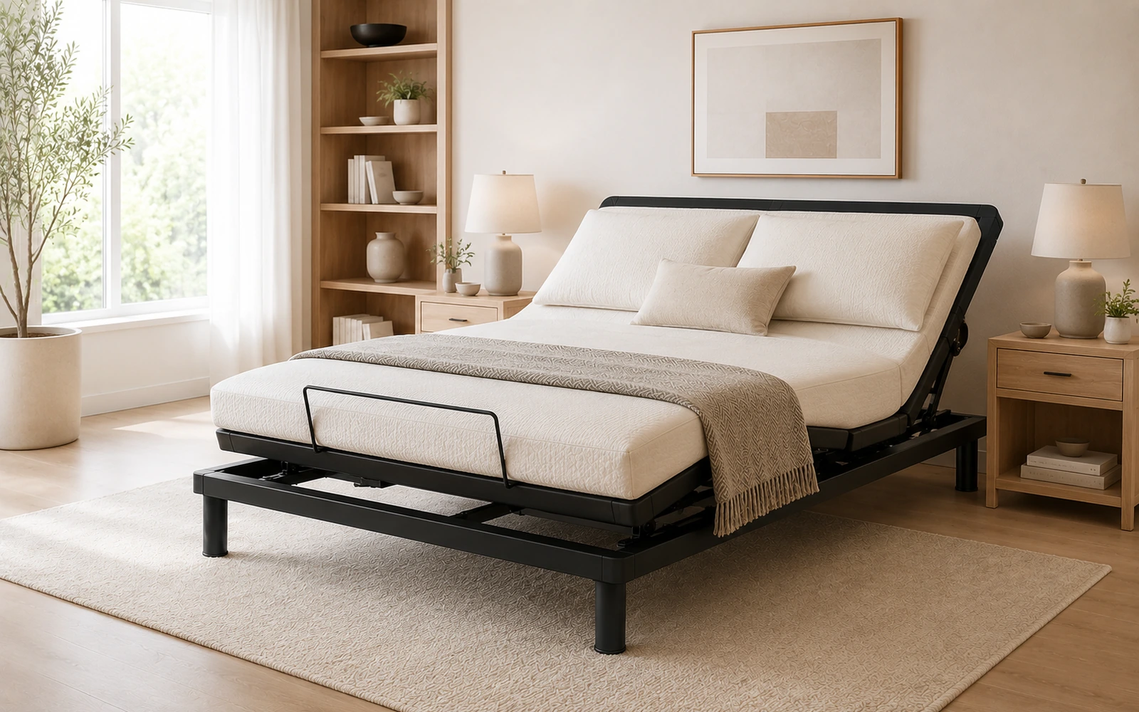 E1 British-style slatted adjustable bed base integrated into a modern bedroom