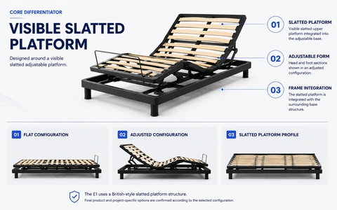 E1 British-style adjustable bed base with visible slatted platform