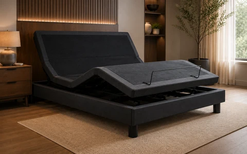 E2 American-style adjustable bed base in a bright contemporary bedroom
