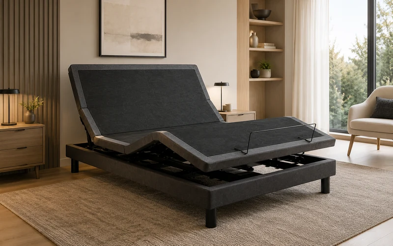 E3 foldable adjustable bed base in a bright contemporary bedroom