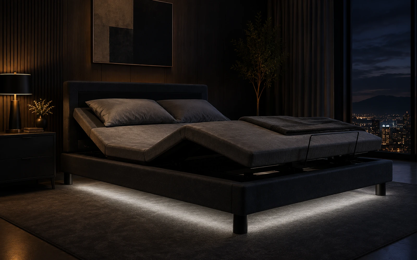 E4 adjustable bed base with underbed light illuminated