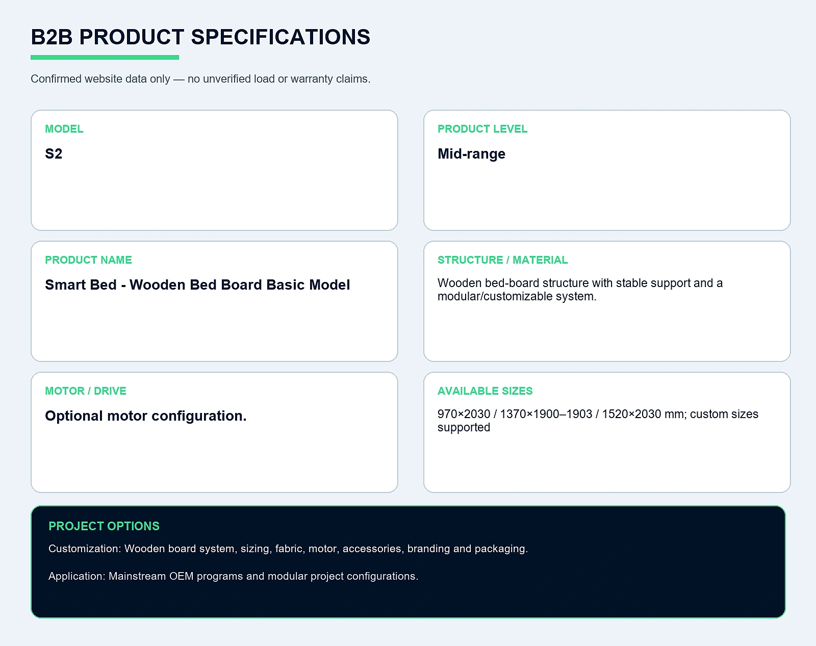 S2 Smart Bed - Wooden Bed Board Basic Model Specifications & Options