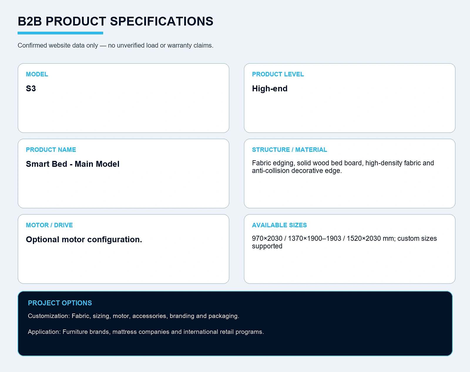 S3 Smart Bed - Main Model Specifications & Options