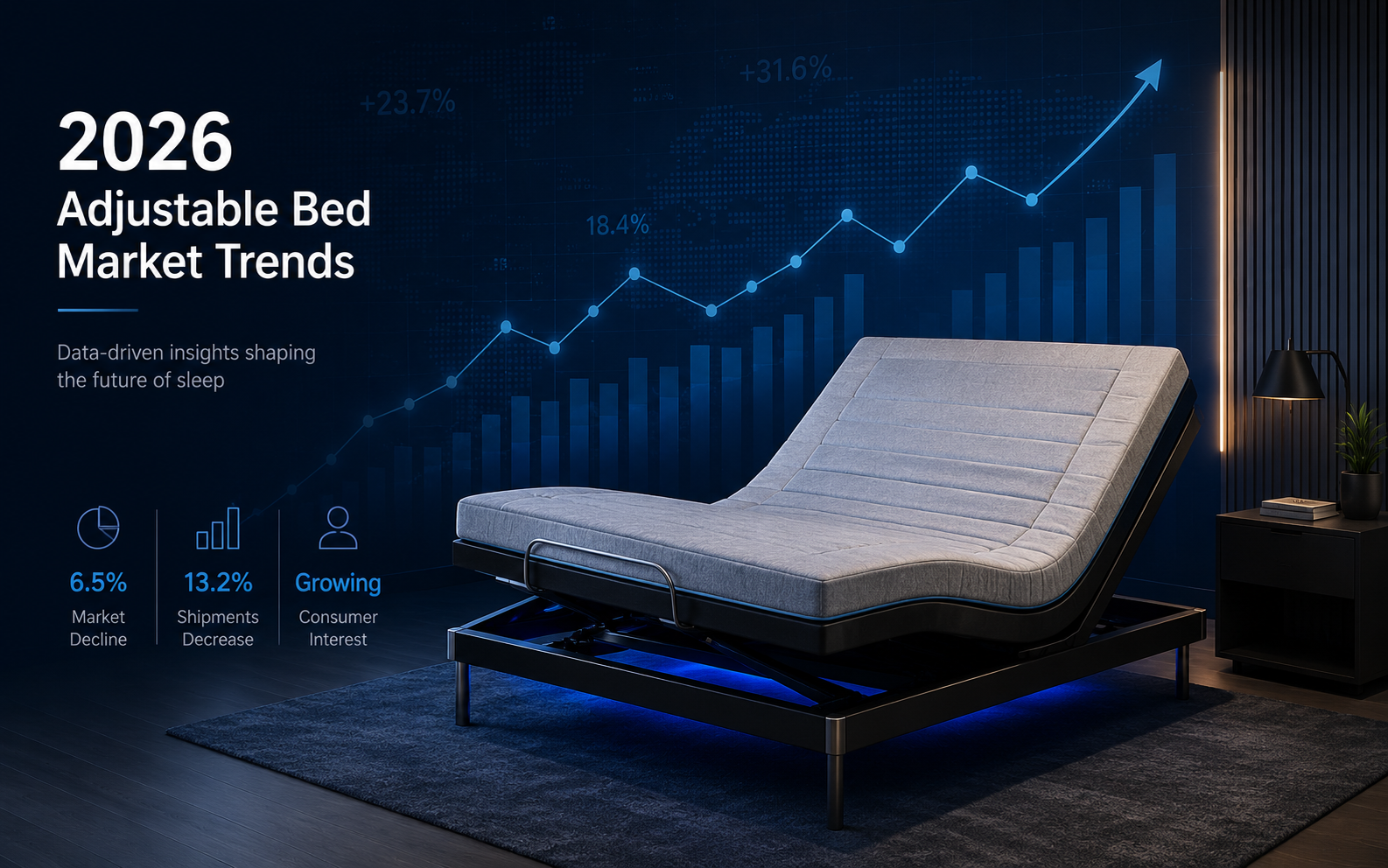 Adjustable bed base in a modern B2B product showroom