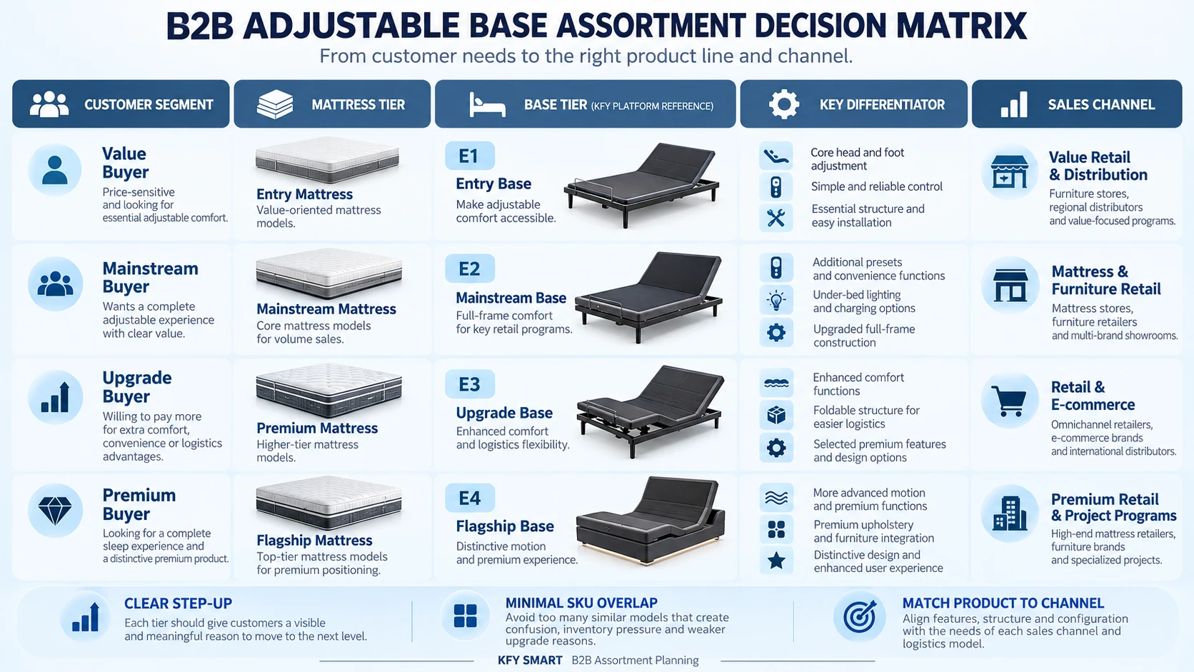 B2B adjustable bed base assortment planning matrix