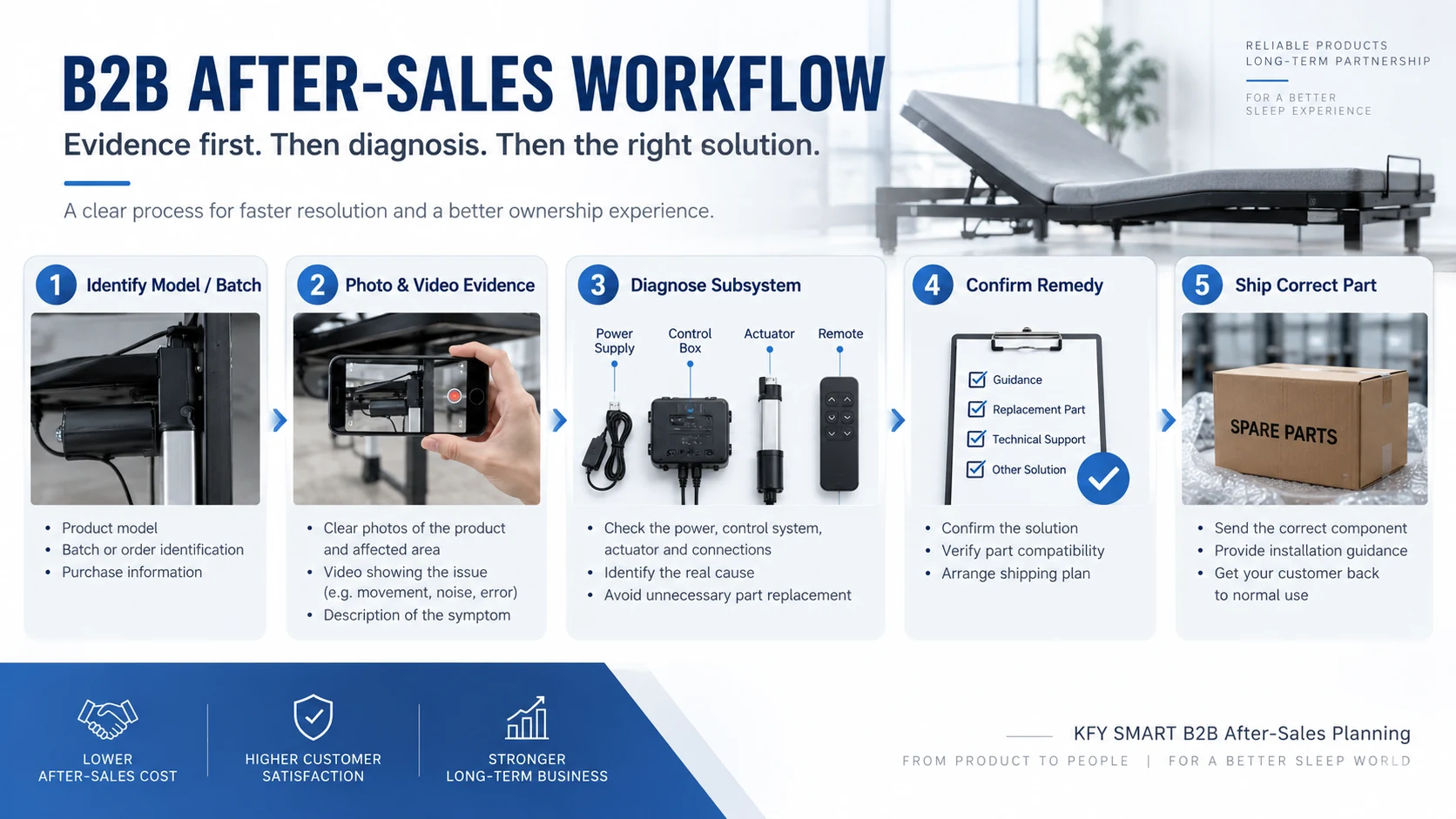 KFY SMART B2B after-sales workflow for adjustable bed base programs