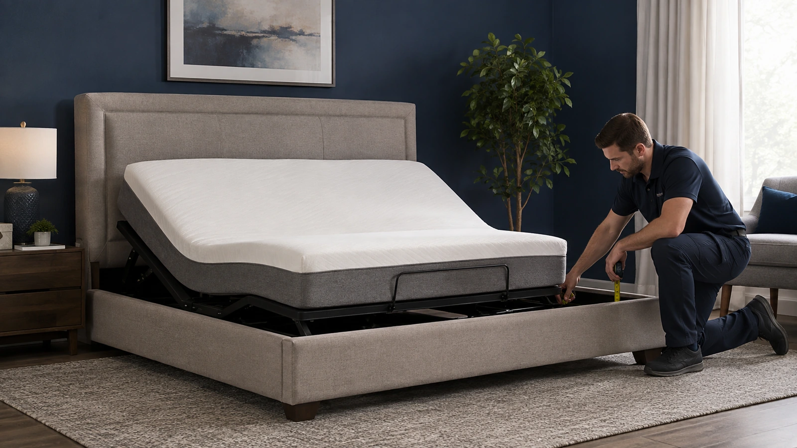 Adjustable bed base installed inside an existing upholstered bed frame while a technician checks clearance