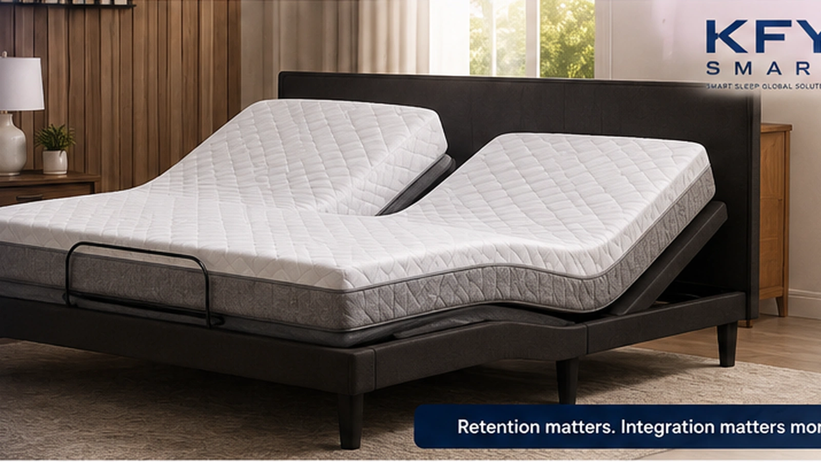 Adjustable bed base with mattress and visible foot-end mattress retainer for a B2B sleep-system program