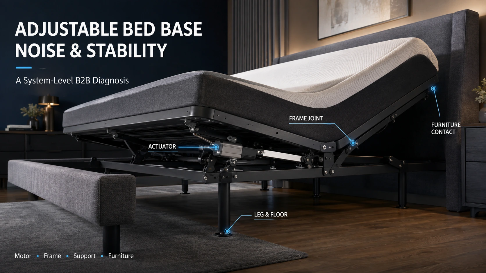 Adjustable bed base showing actuator, frame joint, furniture contact and floor support as potential noise and stability sources