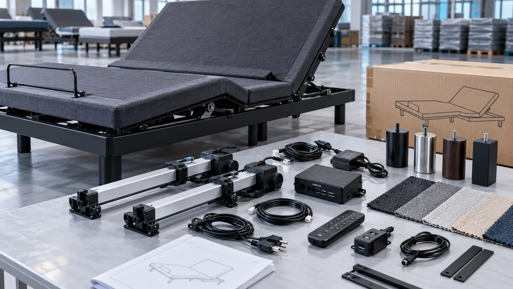 Adjustable bed base OEM configuration including motor control and private-label options