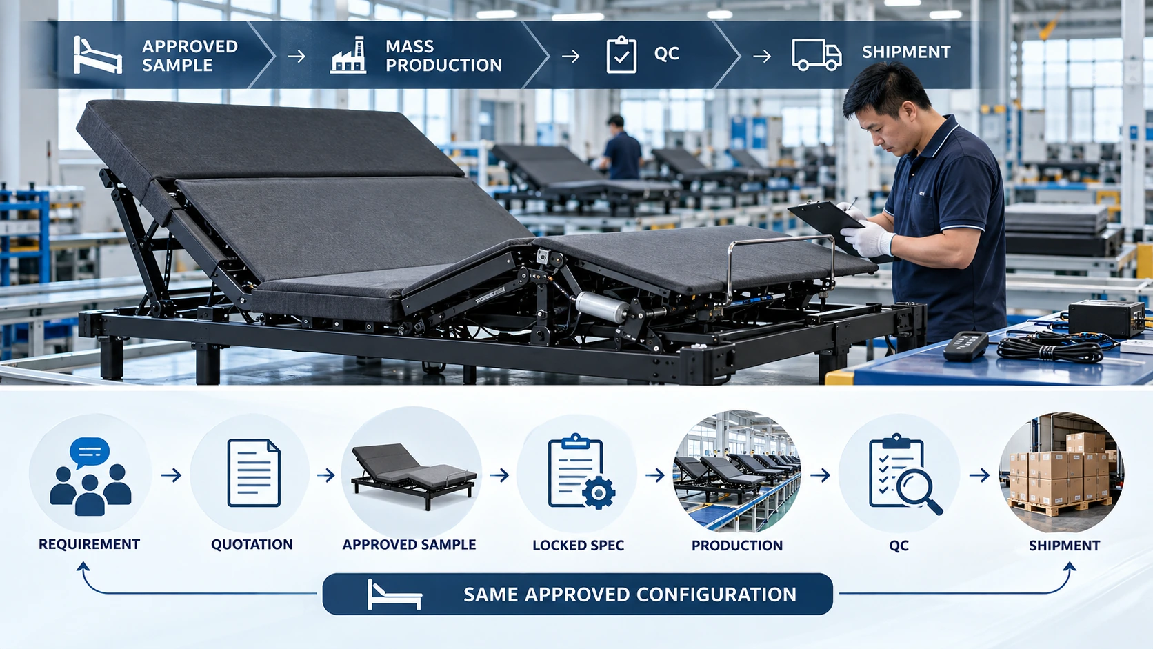 adjustable bed base OEM mass production quality control workflow