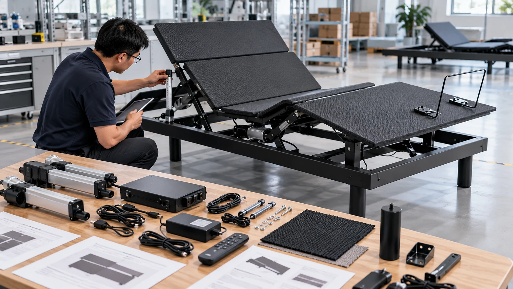 Adjustable bed base sample inspection of structure motors controls and components