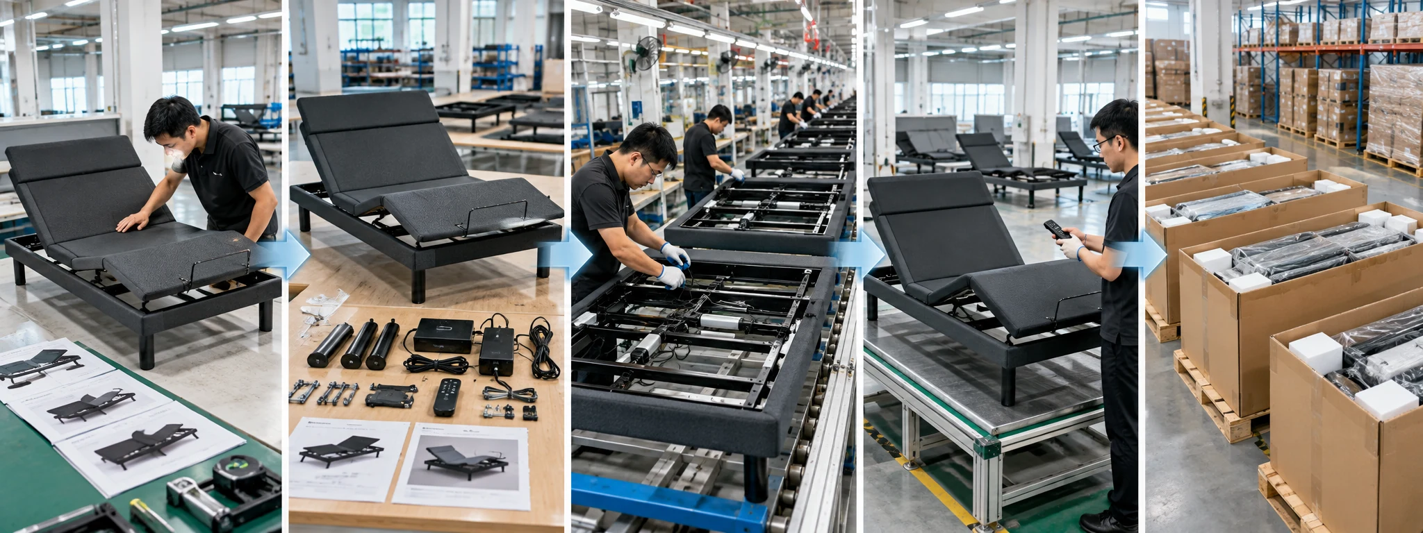 Adjustable bed base sample approval to mass production quality control workflow