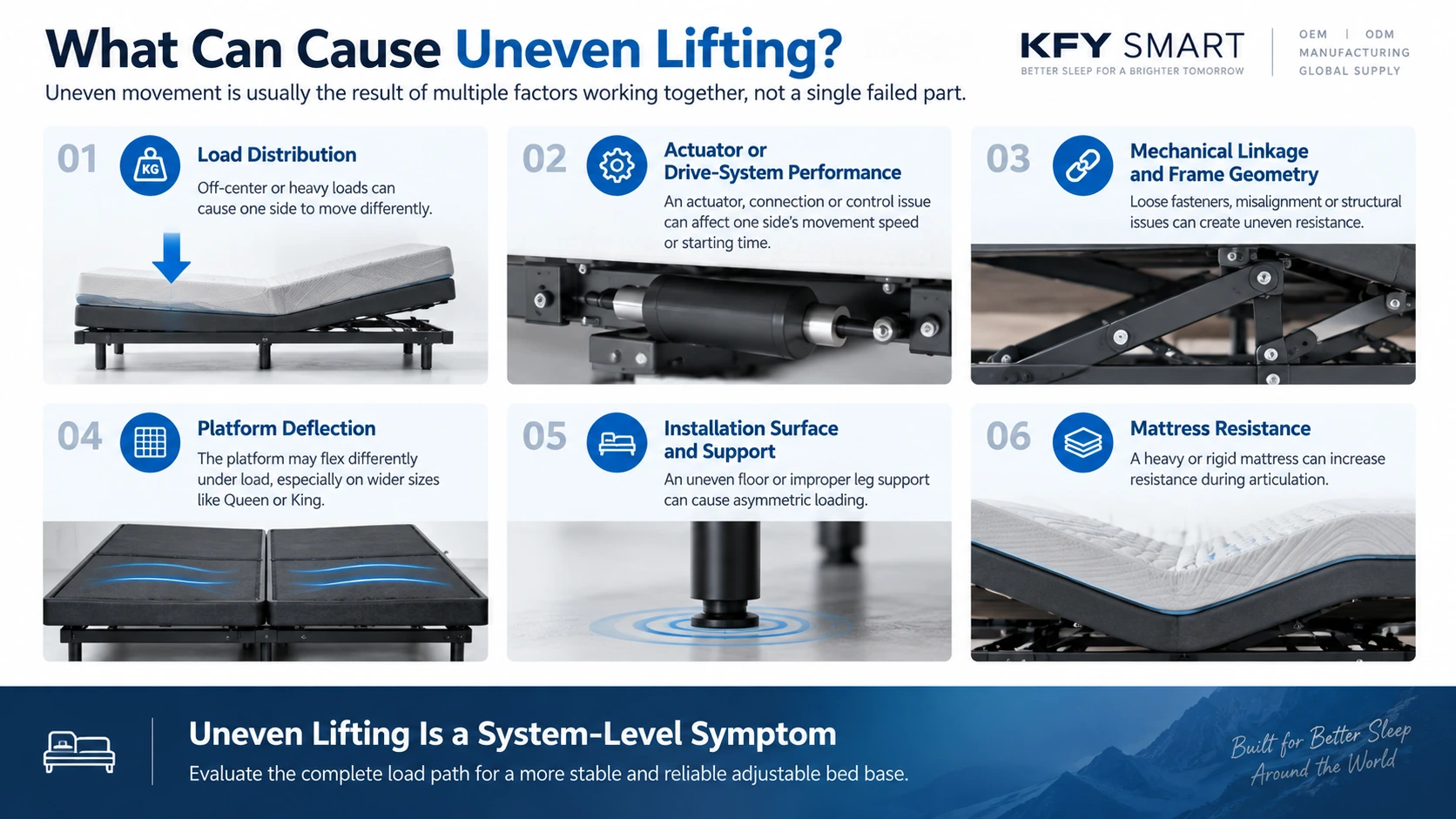 Six possible causes of uneven adjustable bed lifting including actuator, load distribution, frame geometry and mattress resistance