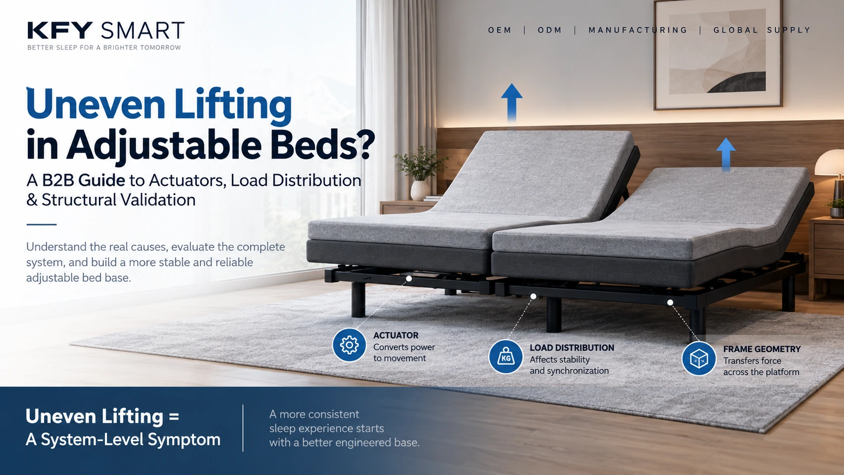 Adjustable bed base showing uneven left and right lifting during head articulation