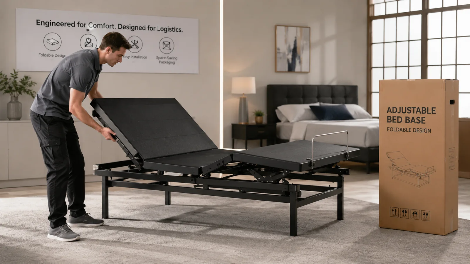 Foldable adjustable bed base being handled during installation and logistics preparation
