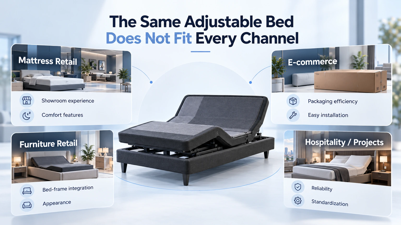 Adjustable bed product positioning for retail ecommerce furniture and hospitality channels