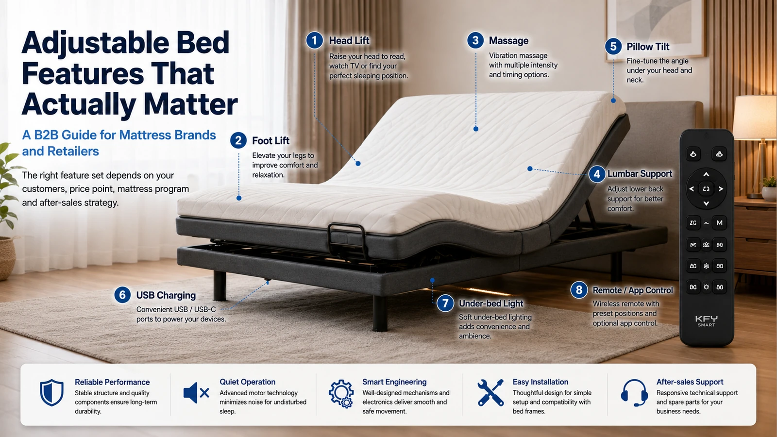 Adjustable bed features including head and foot lift, massage, lumbar support, pillow tilt, USB charging and smart controls