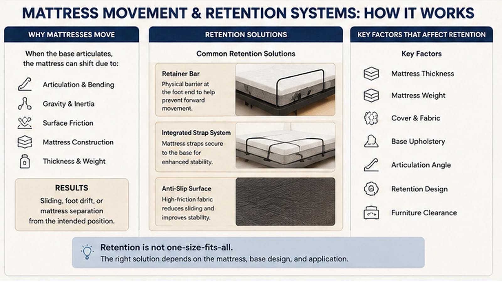 Mattress movement causes and retention system options for adjustable bed bases