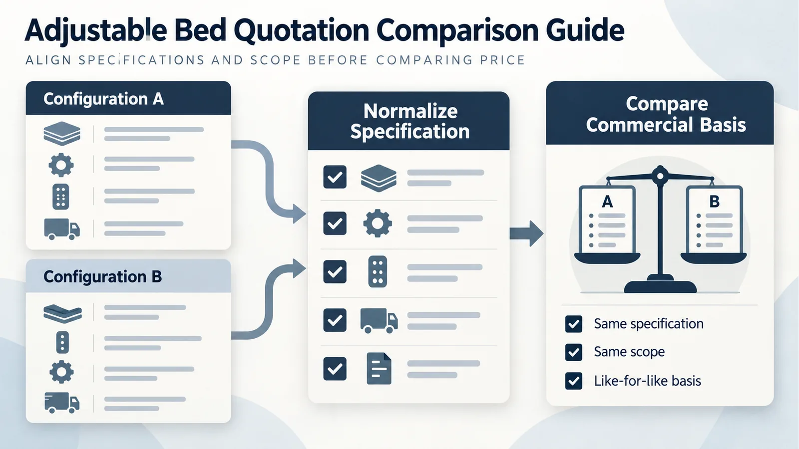 Illustrative adjustable bed quotation comparison after normalizing product configuration and commercial scope