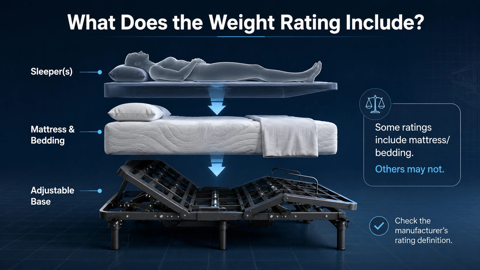 Diagram showing sleepers mattress and bedding in adjustable bed weight rating