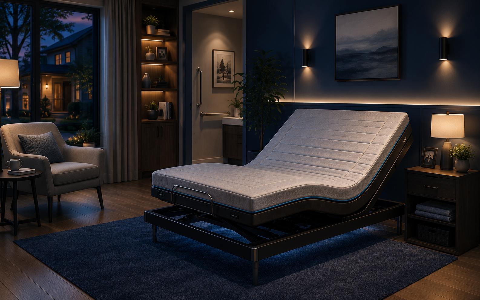 Integrated adjustable bed in a warm age-friendly home bedroom