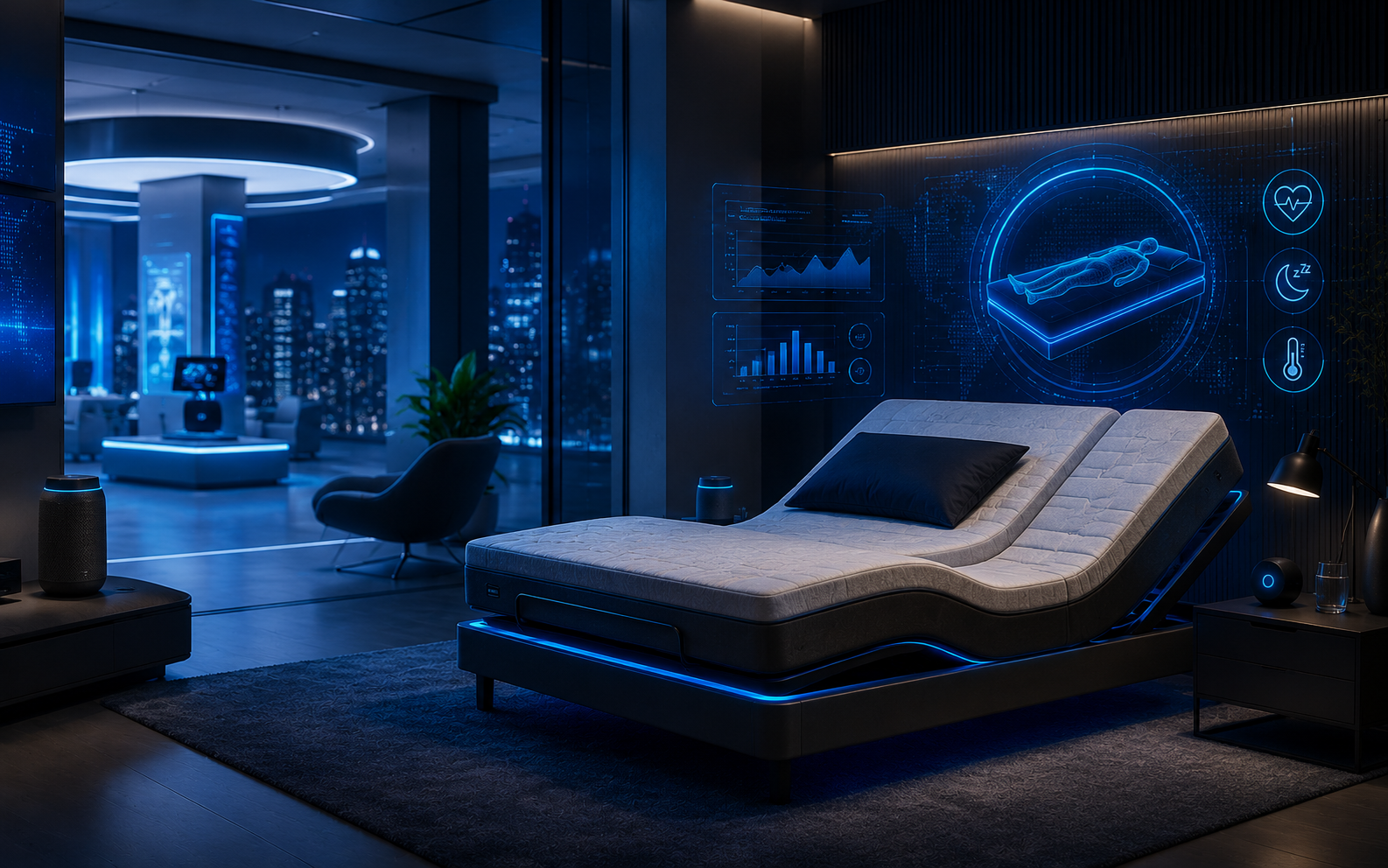 Connected smart sleep system displayed in a blue technology showroom