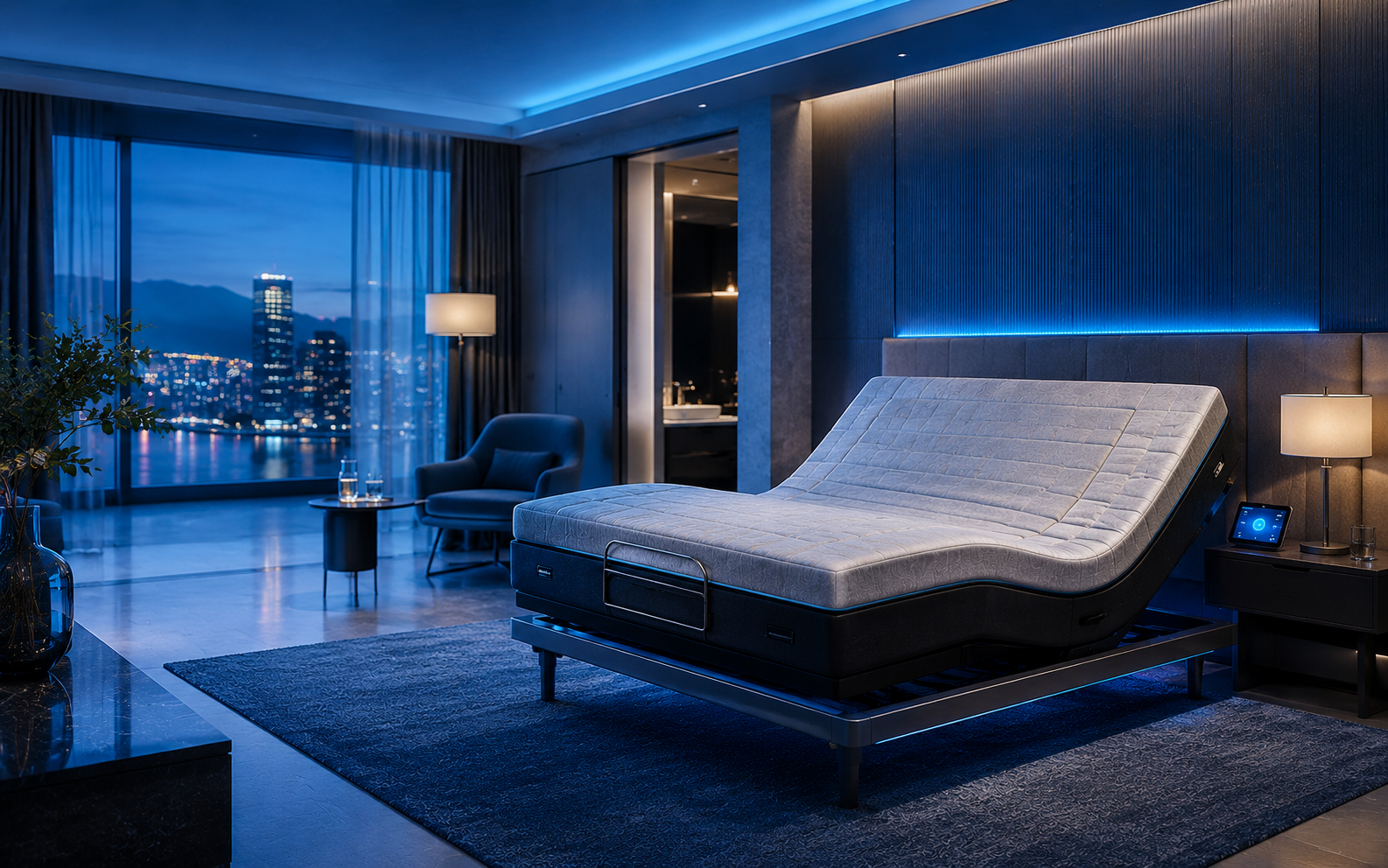 Adjustable bed in a quiet modern hotel room at night