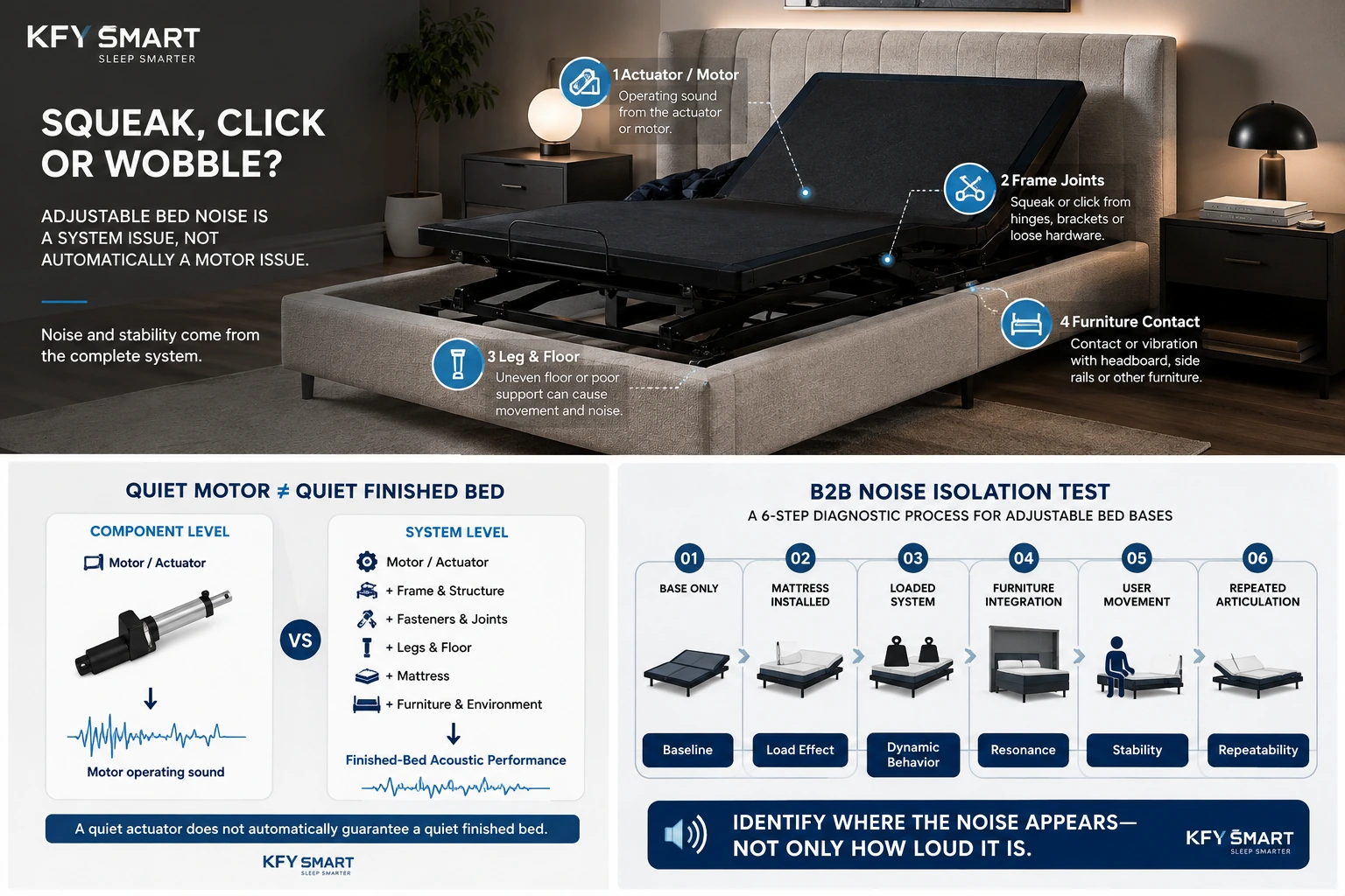 Comparison between adjustable bed motor operating sound and complete finished-bed acoustic performance