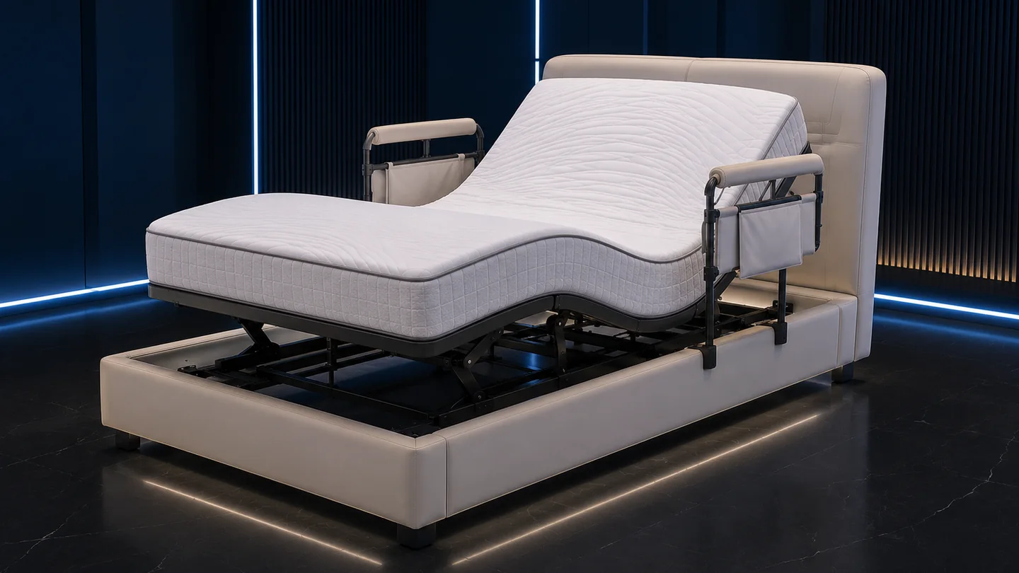 Integrated KFY SMART mattress and bed system shown in an adjusted position