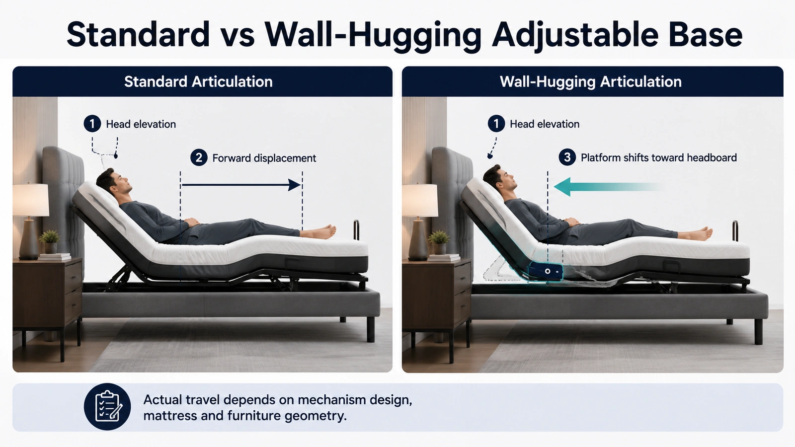 Standard adjustable bed articulation compared with wall-hugging articulation that shifts the platform toward the headboard