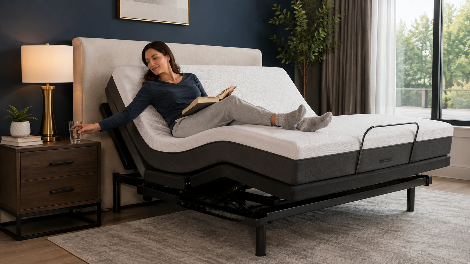 Wall hugger adjustable bed base keeping the sleeper closer to a bedside table while the head section is elevated