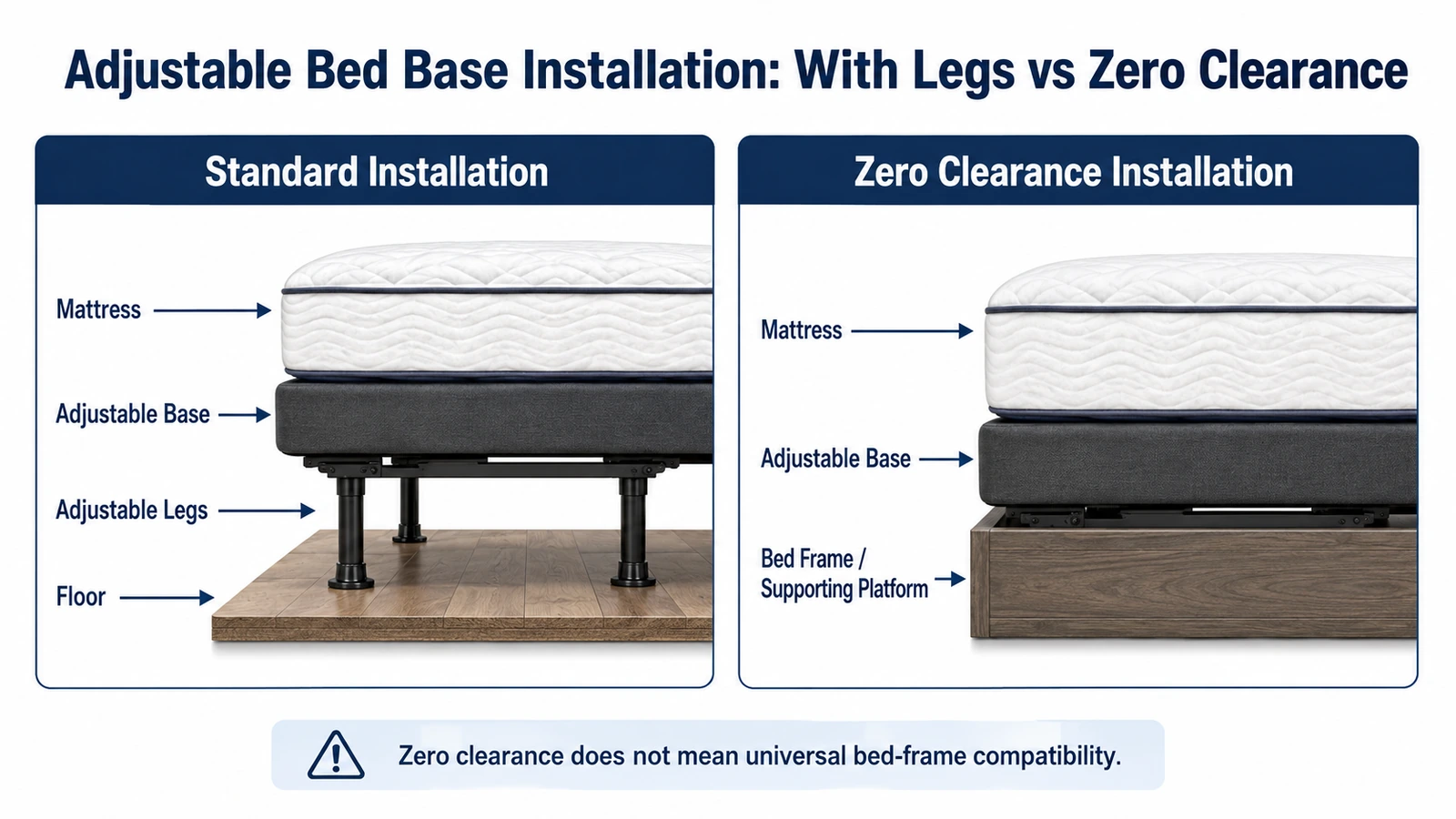 Standard adjustable bed base installation with legs compared with zero clearance installation on a supporting platform