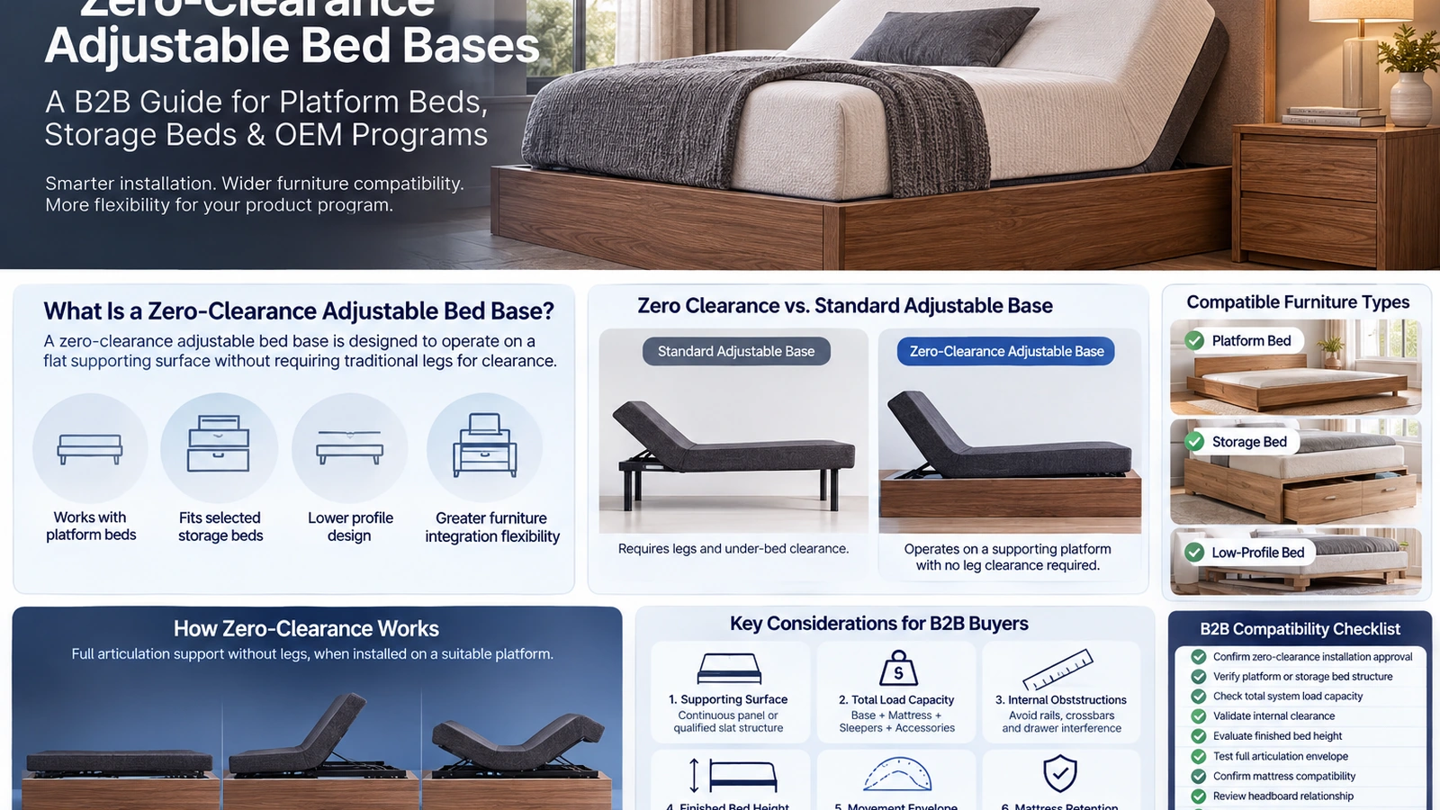 Zero-clearance adjustable bed base integrated with platform furniture for a B2B sleep-system program